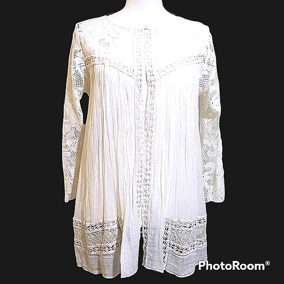 FP ONE IVORY/CREAM CRINKLE COTTON SUMMER CARDIGAN LACE CROCHET SINGLE BUTTON - Picture 3 of 10